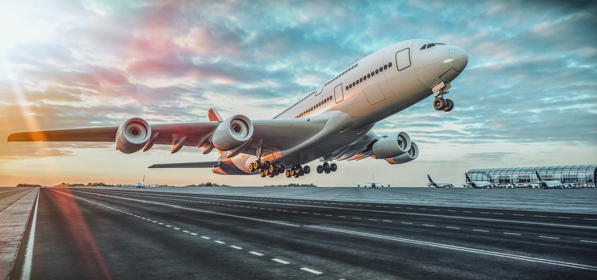 Airplane taking off from the airport. 3d render and illustration.