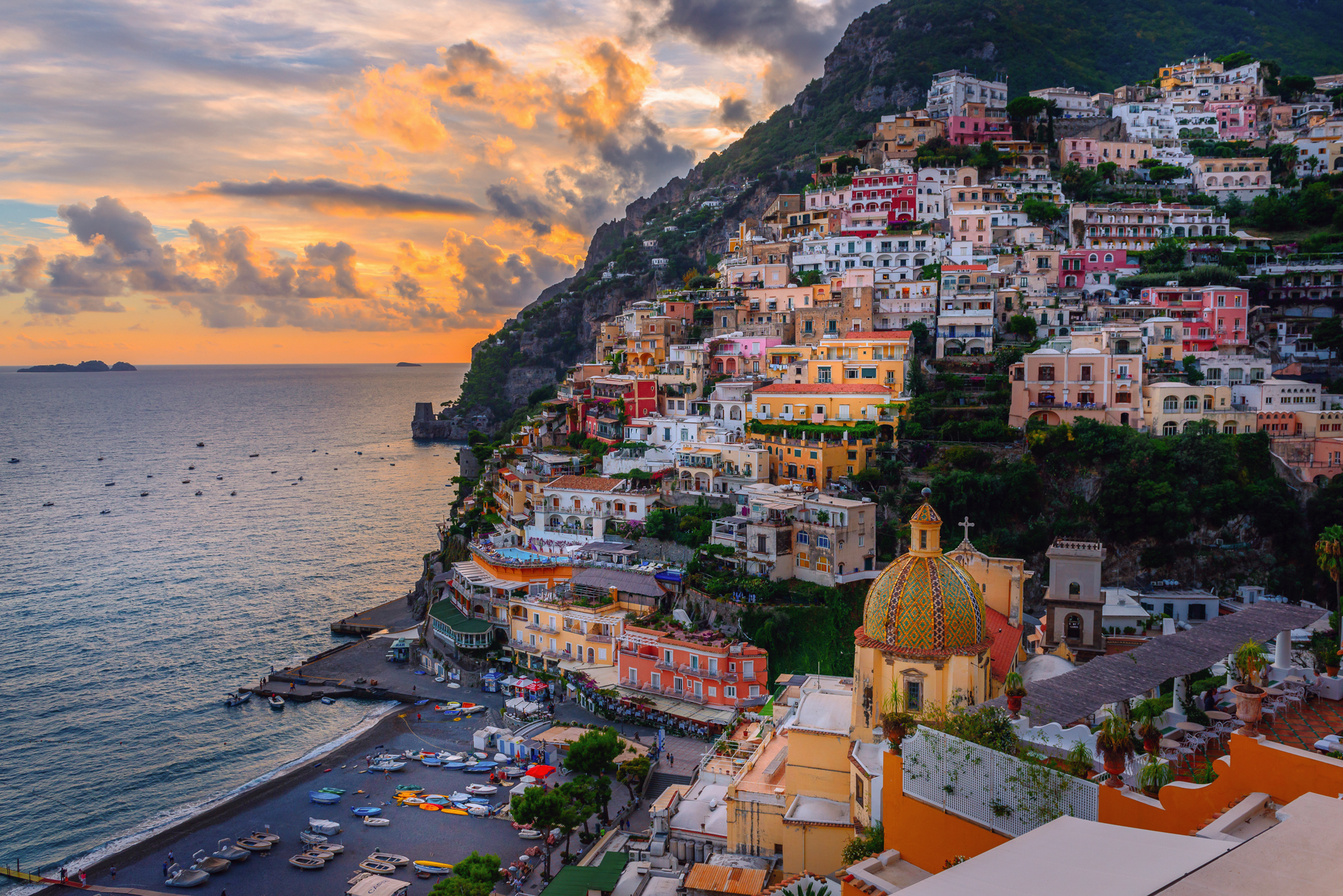 positano, sunset, dawn, italy, amalfi, coast, "amalfi coast", beach, mediterranean, campania, sorrento, salerno, ravello, landscape, see, ocean, travel, colorful, town, tourism, resort, sunshine, coastal, seaside, seascape, hotels, tourists, residential, village, nature, italian